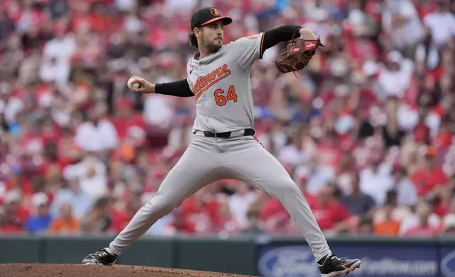 Baltimore Orioles starting pitcher Dean Kremer throws in the first inning of a baseball game against the Cincinnati Reds, Sunday, May 5, 2024, in Cincinnati. (AP Photo/Carolyn Kaster)