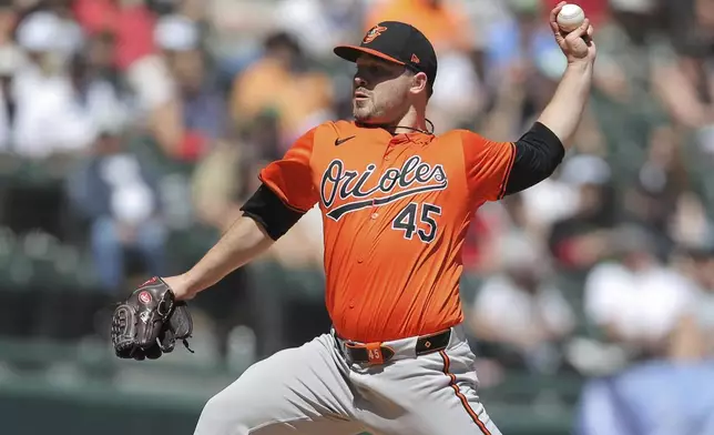 Baltimore Orioles relief pitcher Keegan Akin delivers during the fifth inning of a baseball game against the Chicago White Sox Saturday, May 25, 2024, in Chicago. (AP Photo/Melissa Tamez)