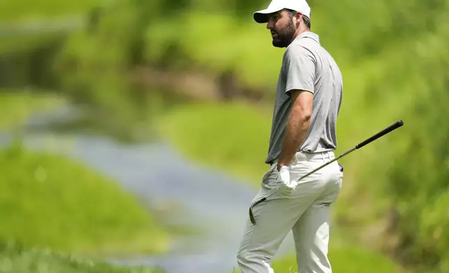 Scottie Scheffler waits to play on the second hole during the third round of the PGA Championship golf tournament at the Valhalla Golf Club, Saturday, May 18, 2024, in Louisville, Ky. (AP Photo/Jeff Roberson)