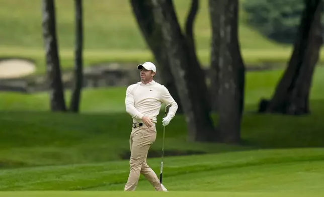 Rory McIlroy, of Northern Ireland, hits from the fairway on the 16th hole during a practice round for the PGA Championship golf tournament at the Valhalla Golf Club, Wednesday, May 15, 2024, in Louisville, Ky. (AP Photo/Jeff Roberson)