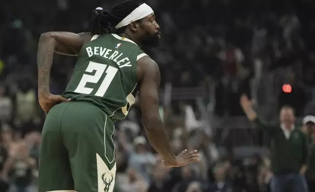 Milwaukee Bucks' Patrick Beverley reacts after making a shot and being fouled during the first half of Game 5 of the NBA playoff basketball series Tuesday, April 30, 2024, in Milwaukee. (AP Photo/Morry Gash)
