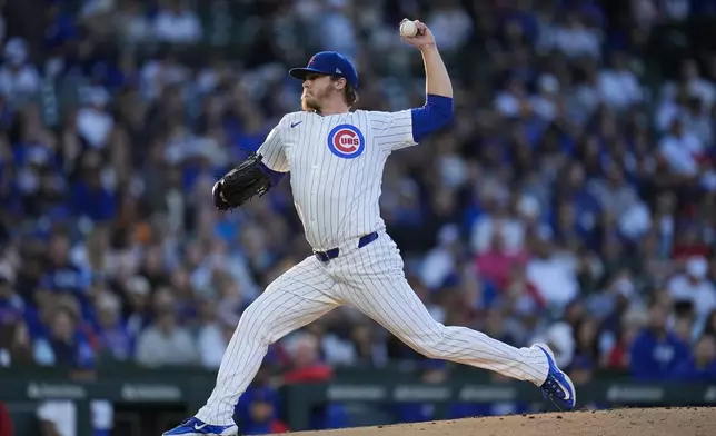 Chicago Cubs starting pitcher Justin Steele throws against the San Diego Padres during the second inning of a baseball game Monday, May 6, 2024, in Chicago. (AP Photo/Erin Hooley)