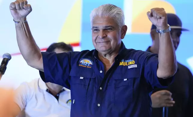Presidential candidate Jose Raul Mulino, of the Achieving Goals party, celebrates after winning on the day of the general electing in Panama City, Sunday, May 5, 2024. (AP Photo/Matias Delacroix)
