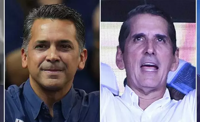 This combo of images shows Panama's 2024 presidential frontrunners from a field of 7, from left; Jose Raul Mulino of the Achieving Goals Party, on May 1; Ricardo Lombana of the Another Way Party, on April 30; Romulo Roux of the Democratic Change Party, on April 28; and former President Martin Torrijos of the Popular Party, on April 27, all in Panama City. Panamanians will elect their new president on May 5th. (AP Photos/Files)