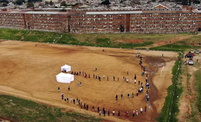 FILE - Residents from the Alexandra township in Johannesburg gather in a stadium to be tested for COVID-19 Wednesday, April 29, 2020. (AP Photo/Jerome Delay, File)