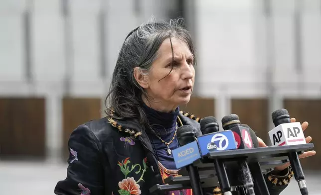Gypsy Taub, ex-partner of David DePape, speaks to reporters after DePape's sentencing in federal court Friday, May 17, 2024, in San Francisco. He was found guilty last November of attempted kidnapping of a federal official and assault on Paul Pelosi, husband of former U.S. House Speaker Nancy Pelosi. (AP Photo/Godofredo A. Vásquez)