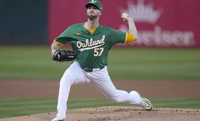 Oakland Athletics pitcher Alex Wood works against the Pittsburgh Pirates during the first inning of a baseball game in Oakland, Calif., Tuesday, April 30, 2024. (AP Photo/Jeff Chiu)