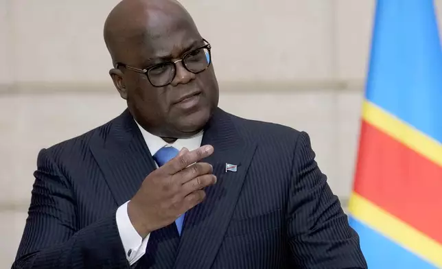 FILE - Congo's President Felix Tshisekedi speaks during a press conference at the Elysee Palace in Paris, Tuesday, April 30, 2024. The office of Poland's president says Abdrzej Duda has spoken on the phone with Congolese president in an effort to obtain the release of a Polish traveller sentenced there for life in prison on charges of sabotage. (AP Photo/Christophe Ena, File)