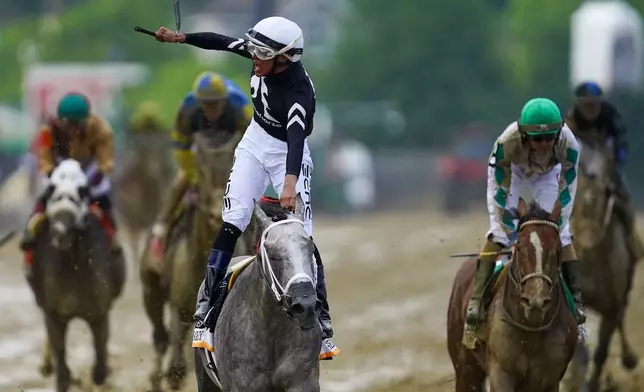 Jaime Torres, atop Seize The Grey, leads reacts after winning the Preakness Stakes horse race at Pimlico Race Course, Saturday, May 18, 2024, in Baltimore. (AP Photo/Nick Wass)