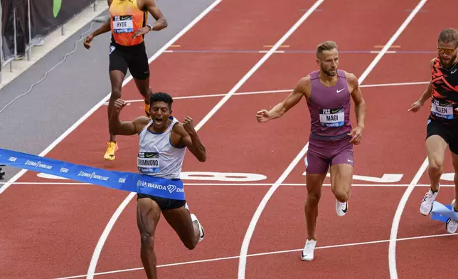 Gerald Drummond, of Costa Rica, wins the 400m hurdles during the Prefontaine Classic track and field meet Saturday, May 25, 2024, in Eugene, Ore. (AP Photo/Thomas Boyd)