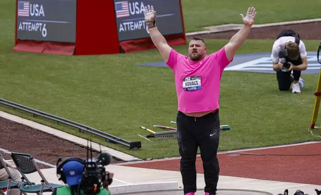 Joe Kovacs reacts after winning the shot put during the Prefontaine Classic track and field meet Saturday, May 25, 2024, in Eugene, Ore. (AP Photo/Thomas Boyd)