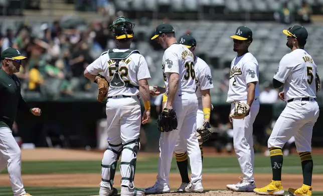 Oakland Athletics pitcher Ross Stripling (36) waits for manager Mark Kotsay, left, before being pulled during the second inning of a baseball game against the Texas Rangers, Tuesday, May 7, 2024, in Oakland, Calif. (AP Photo/Godofredo A. Vásquez)