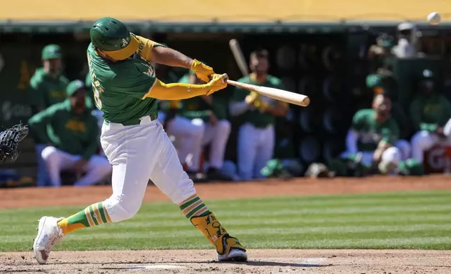 Oakland Athletics' Shea Langeliers hits a two-run home run against the Texas Rangers during the second inning in the second baseball game of a doubleheader Wednesday, May 8, 2024, in Oakland, Calif. (AP Photo/Godofredo A. Vásquez)