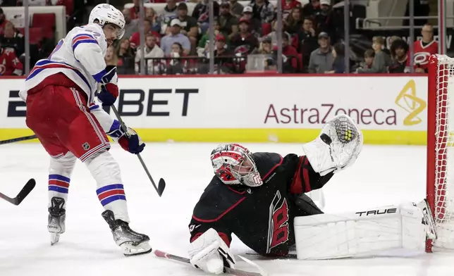 Carolina Hurricanes goaltender Pyotr Kochetkov (52) makes a save against New York Rangers center Filip Chytil (72) during the third period in Game 3 of an NHL hockey Stanley Cup second-round playoff series Thursday, May 9, 2024, in Raleigh, N.C. (AP Photo/Chris Seward)