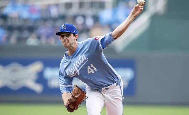 Kansas City Royals' Daniel Lynch IV pitches the ball during the first inning of a baseball game against the Texas Rangers, Sunday, May 5, 2024, in Kansas City, Mo. (AP Photo/Nick Tre. Smith)