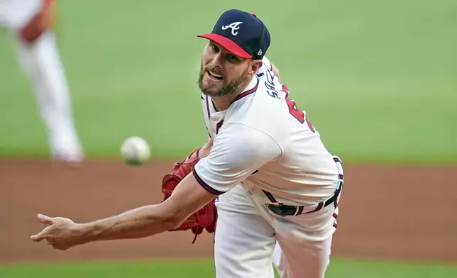 Atlanta Braves pitcher Chris Sale delivers to a against the Boston Red Sox batter in the first inning of a baseball game Wednesday, May 8, 2024, in Atlanta. (AP Photo/John Bazemore)