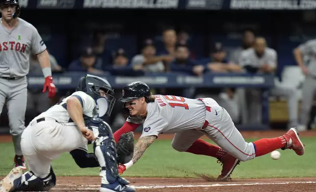 Boston Red Sox's Jarren Duran (16) steals home plate ahead of the throw to Tampa Bay Rays catcher Ben Rortvedt during the eighth inning of a baseball game Tuesday, May 21, 2024, in St. Petersburg, Fla. (AP Photo/Chris O'Meara)