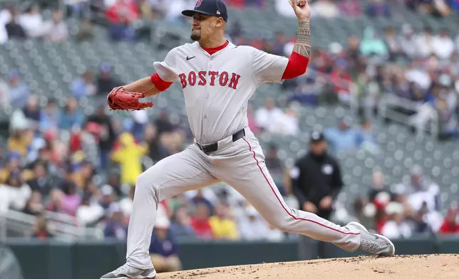Boston Red Sox starting pitcher Brennan Bernardino delivers against the Minnesota Twins during the first inning of a baseball game, Saturday, May 4, 2024, in Minneapolis. (AP Photo/Matt Krohn)