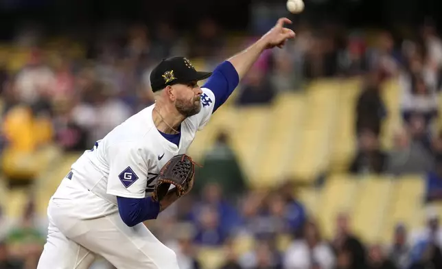 Los Angeles Dodgers starting pitcher James Paxton throws to the plate during the first inning of a baseball game against the Cincinnati Reds Friday, May 17, 2024, in Los Angeles. (AP Photo/Mark J. Terrill)
