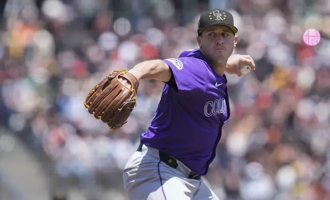 Colorado Rockies pitcher Ty Blach throws to a San Francisco Giants batter during the first inning of a baseball game Saturday, May 18, 2024, in San Francisco. (AP Photo/Godofredo A. Vásquez)