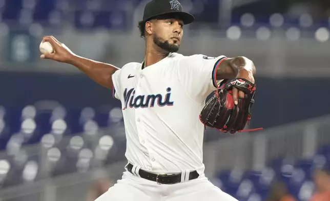 Miami Marlins starting pitcher Roddery Munoz aims a pitch during the second inning of a baseball game against the Colorado Rockies, Wednesday, May 1, 2024, in Miami. (AP Photo/Marta Lavandier)