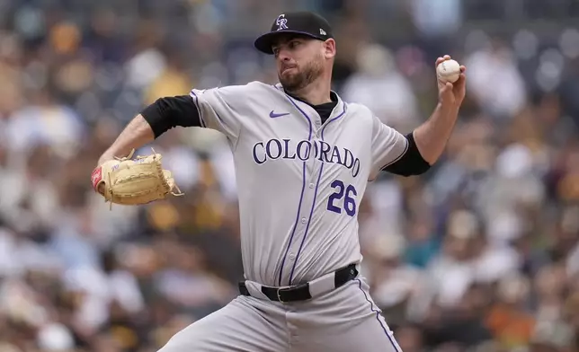 Colorado Rockies starting pitcher Austin Gomber works against a San Diego Padres batter during the fourth inning of a baseball game, Wednesday, May 15, 2024, in San Diego. (AP Photo/Gregory Bull)