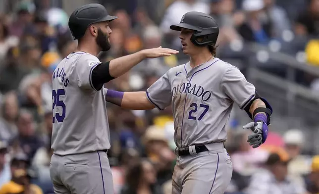 Colorado Rockies' Jordan Beck, right, celebrates with teammate Jacob Stallings after hitting a two-run home run during the sixth inning of a baseball game against the San Diego Padres, Wednesday, May 15, 2024, in San Diego. (AP Photo/Gregory Bull)