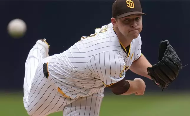 San Diego Padres starting pitcher Michael King works against a Colorado Rockies batter during the first inning of a baseball game, Wednesday, May 15, 2024, in San Diego. (AP Photo/Gregory Bull)