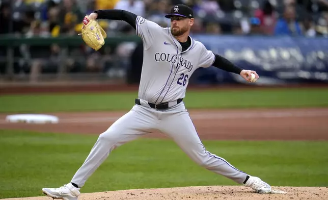 Colorado Rockies starting pitcher Austin Gomber delivers during the first inning of a baseball game against the Pittsburgh Pirates in Pittsburgh, Saturday, May 4, 2024. (AP Photo/Gene J. Puskar)