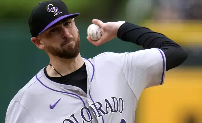 Colorado Rockies starting pitcher Austin Gomber delivers during the first inning of a baseball game against the Pittsburgh Pirates in Pittsburgh, Saturday, May 4, 2024. (AP Photo/Gene J. Puskar)