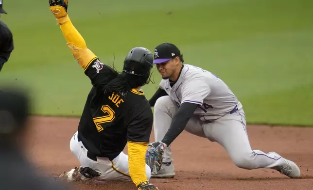 Colorado Rockies shortstop Ezequiel Tovar, right, tags out Pittsburgh Pirates' Connor Joe (2) who was attempting to stretch a single into a double during the first inning of a baseball game in Pittsburgh, Saturday, May 4, 2024. (AP Photo/Gene J. Puskar)