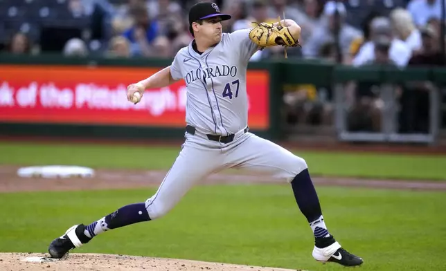 Colorado Rockies starting pitcher Cal Quantrill delivers during the second inning of a baseball game against the Pittsburgh Pirates in Pittsburgh, Friday, May 3, 2024. (AP Photo/Gene J. Puskar)