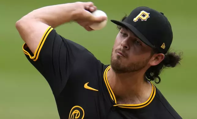 Pittsburgh Pirates starting pitcher Jared Jones delivers during the first inning of a baseball game against the Colorado Rockies in Pittsburgh, Saturday, May 4, 2024. (AP Photo/Gene J. Puskar)