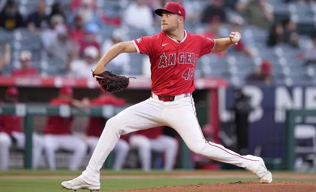Los Angeles Angels starting pitcher Reid Detmers throws to the plate during the first inning of a baseball game against the Kansas City Royals Thursday, May 9, 2024, in Anaheim, Calif. (AP Photo/Mark J. Terrill)