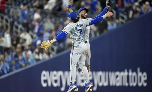 Kansas City Royals' Salvador Perez smiles after defeating the Toronto Blue Jays in a baseball game, Tuesday, April 30, 2024 in Toronto.(Nathan Denette/The Canadian Press via AP)