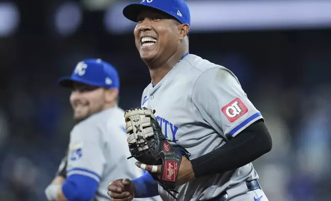 Kansas City Royals' Salvador Perez smiles after defeating the Toronto Blue Jays in a baseball game, Tuesday, April 30, 2024 in Toronto.(Nathan Denette/The Canadian Press via AP)