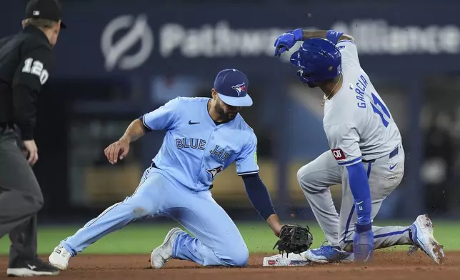 Kansas City Royals' Maikel Garcia (11) steals second base past Toronto Blue Jays second baseman Isiah Kiner-Falefa (7) during the eighth inning of a baseball game, Tuesday, April 30, 2024 in Toronto.(Nathan Denette/The Canadian Press via AP)