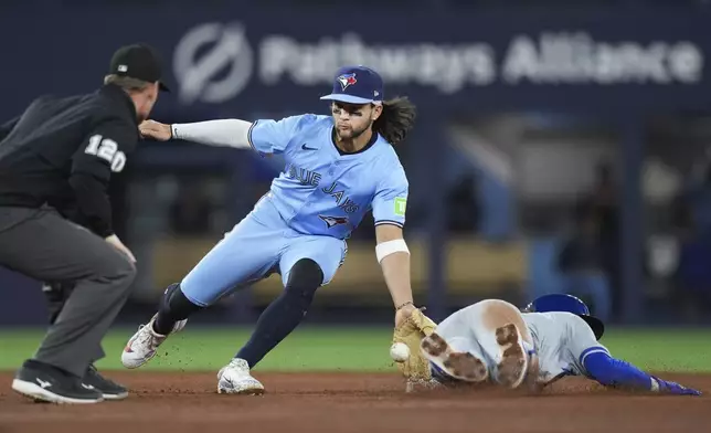 Toronto Blue Jays shortstop Bo Bichette (11) tags out Kansas City Royals' Bobby Witt Jr. (7) at second base on the steal attempt during the sixth inning of a baseball game, Tuesday, April 30, 2024 in Toronto.(Nathan Denette/The Canadian Press via AP)