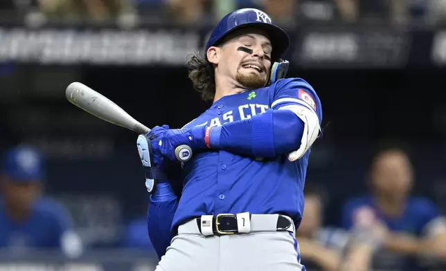 Kansas City Royals' Bobby Witt Jr. reacts to an inside pitch during the third inning of a baseball game against the Tampa Bay Rays, Saturday, May 25, 2024, in St. Petersburg, Fla. (AP Photo/Phelan M. Ebenhack)