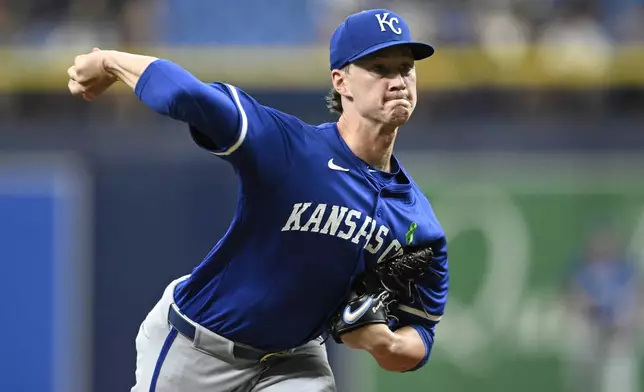 Kansas City Royals starting pitcher Brady Singer throws fro the mound during the first inning of a baseball game against the Tampa Bay Rays, Saturday, May 25, 2024, in St. Petersburg, Fla. (AP Photo/Phelan M. Ebenhack)