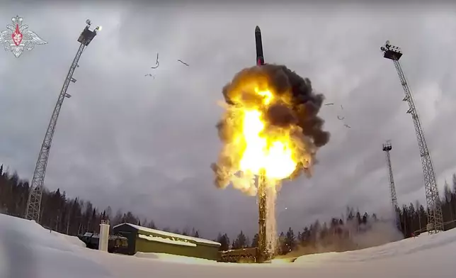 FILE - This photo taken from video provided by the Russian Defense Ministry Press Service on Feb. 19, 2022, shows a Yars intercontinental ballistic missile being launched from an air field during military drills in Russia. The Russian Defense Ministry said that the military will hold drills involving tactical nuclear weapons – the first time such exercise was publicly announced by Moscow. (Russian Defense Ministry Press Service via AP, File)
