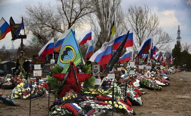 Graves of Russian servicemen killed in Ukraine in a cemetery in Russia’s Volgograd region on Saturday, March 30, 2024. Russian president Vladimir Putin’s influence is so dominant that other officials could only stand by submissively as he launched a war in Ukraine despite expectations the invasion would bring international opprobrium and harsh economic sanctions, as well as cost Russia dearly in the blood of its soldiers. (AP Photo)