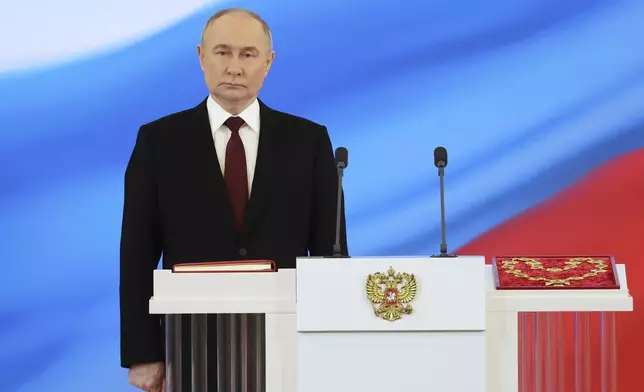 Vladimir Putin attends an inauguration ceremony as Russian president in the Grand Kremlin Palace in Moscow, Russia, Tuesday, May 7, 2024. (Alexander Kazakov, Sputnik, Kremlin Pool Photo via AP)