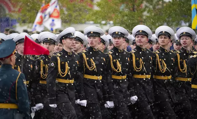 Russian military cadets march during the Victory Day military parade in Moscow, Russia, Thursday, May 9, 2024, marking the 79th anniversary of the end of World War II. (AP Photo/Alexander Zemlianichenko)