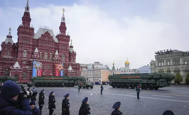 Russian RS-24 Yars ballistic missiles roll during the Victory Day military parade in Moscow, Russia, Thursday, May 9, 2024, marking the 79th anniversary of the end of World War II. (AP Photo/Alexander Zemlianichenko)