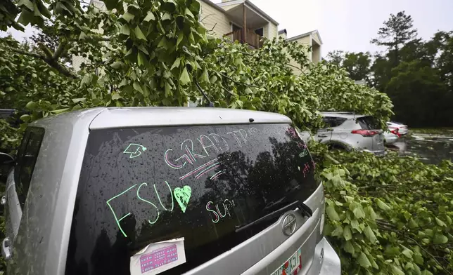 A car is covered by a tree outside an apartment complex in Tallahassee, Fla., Friday, May 10, 2024. Powerful storms bringing the threat of tornadoes continued to slam several southern states early Friday, as residents cleared debris from deadly severe weather that produced twisters in Michigan, Tennessee and other states. Some of the strongest storms early Friday rolled into Tallahassee (AP Photo/Phil Sears)