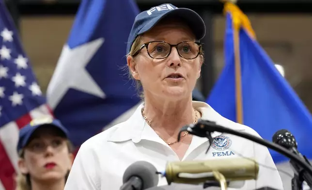 FEMA Administrator Deanne Criswell joins Houston elected officials in a press conference regarding recovery and assistance after last week's storms, Tuesday, May 21, 2024 at Fondé Community Center in Houston. (Yi-Chin Lee/Houston Chronicle via AP)