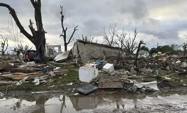 Damage is seen after a tornado moved through Greenfield, Iowa, Tuesday, May 21, 2024. (AP Photo/Hannah Fingerhut)