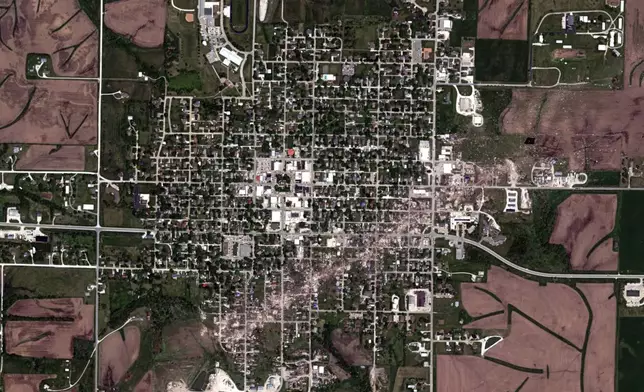 This Thursday, May 23, 2024 satellite image provided by Maxar Technologies shows destruction in Greenfield, Iowa after a Tuesday, May 21 tornado. (Maxar Technologies via AP) Satellite image ©2024 Maxar Technologies