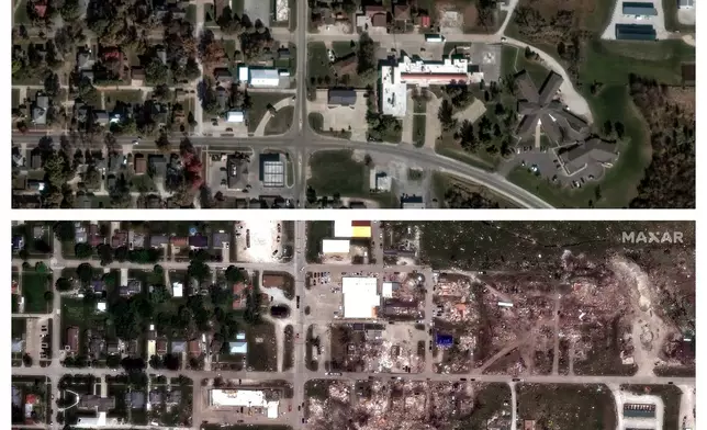 This combination of Oct. 22, 2022 and May 23, 2024 satellite images provided by Maxar Technologies shows destruction in Greenfield, Iowa after a Tuesday, May 21 tornado. (Maxar Technologies via AP) Satellite image ©2024 Maxar Technologies